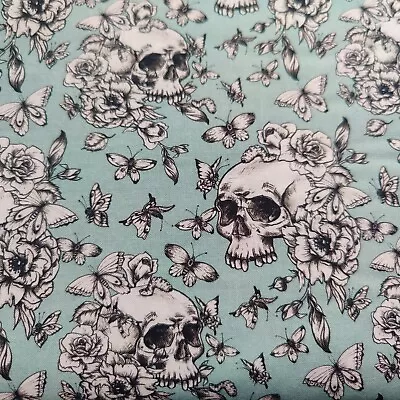 Buy Vintage Halloween Fabric, Blue Floral Skull Gothic Style Punk Goth Indie Fabric • 13.95£