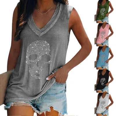 Buy Womens Summer Skull Vest Tank Sleeveless Ladies T Shirt V Neck Tops Blouse • 11.29£