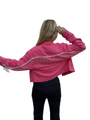 Buy Pink Mickey Denim Jacket With Rhinestone Tassels, Streetwear Style, • 49.96£