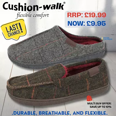 Buy Mens Cushion Walk Slippers *SALE* Tweed Moccasin Mule Slip On Comfort - 9 UK • 9.95£
