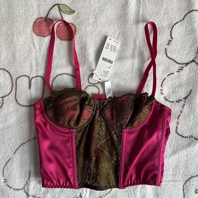 Buy Khaki And Pink Lace And Satin Corset Cropped Corset Top • 5.50£