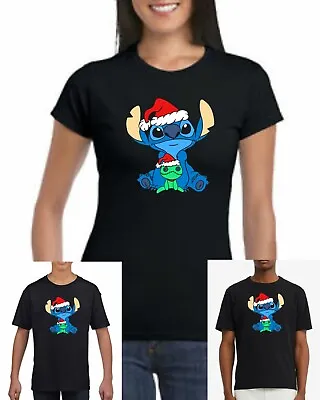 Buy Stitch And Scrump Santa Hat Unisex, Womens Fitted+ Kids Black Christmas T-Shirt • 16.99£