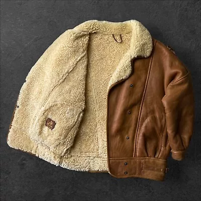 Buy Vintage Danish Genuine Sheepskin Leather Bomber Jacket Brown Shearling Fur Lined • 42.50£