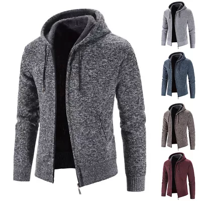 Buy Mens Zip Up Thick Fleece Lined Hooded Knit Cardigan Winter Knitted Warm Jacket • 12.99£