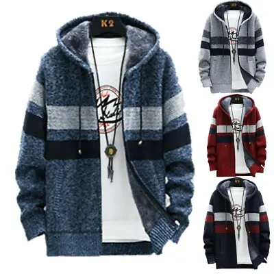 Buy Mens Hoodie Knitted Cardigan Fleece Lined Winter Zip Up Thick Thermal Jumper Top • 6.20£