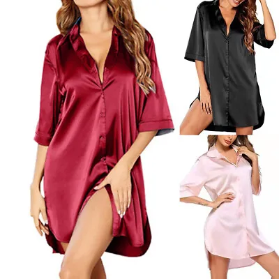 Buy Sexy Womens Satin Silk Pajamas Nightshirt Dress Ladies Lounge Wear Nightie Robe • 10.49£