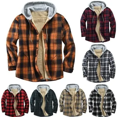 Buy Mens Plaid Heavy Flannel Shirt Hoodie Soft Fuzzy Fleece Zip-Up Jacket Work Coat • 39.30£