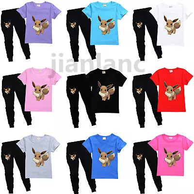 Buy 2pcs Cartoon Boy Girls Eevee Tracksuit Kids Cosplay Costume T-shirt+Pants Outfit • 13.99£