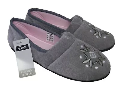 Buy Womens Ladies Velour Grey Slippers Geometric Rubber Sole Moccasins Sizes 4,7,8 • 9.99£