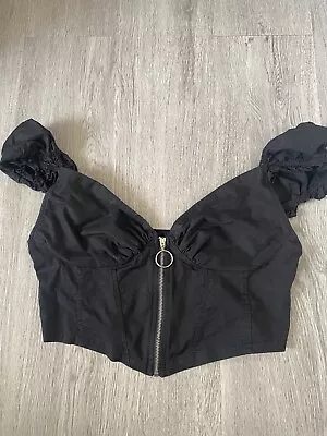 Buy Women’s Black Zip Up Corset Milkmaid Short Sleeve Puff Crop Top Size S • 10£