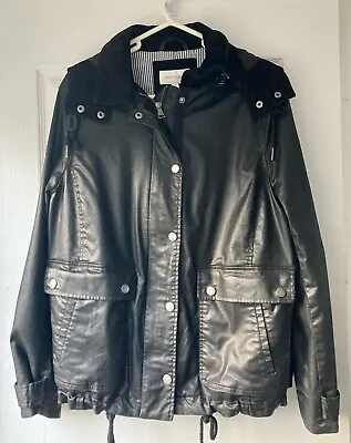 Buy Per Una Women's Black Faux Leather Jacket Size UK 12 14 16 Detachable Hood • 19.99£