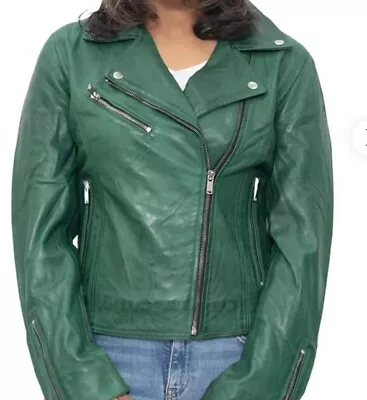 Buy Ladies Green Leather  Biker Jacket Size Medium 10-12-14 Measurement On Photos  • 50£
