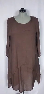 Buy NEW Womens Midi Dress Chocolate Linen Blend Asymmetrical Layer Vacation L XL • 28.32£