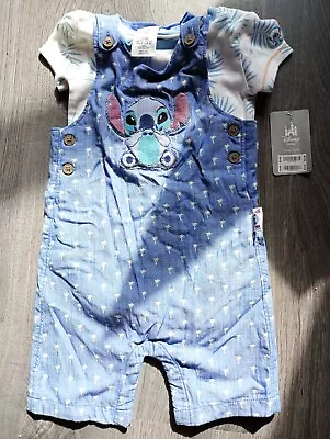 Buy Disney Baby Stitch Dungaree Shorts And T-shirt Set  18 - 24 Months New With Tags • 5£