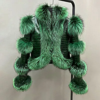 Buy Women Leather Jacket Fox Fur Crocodile Pattern Sheepskin Fashion Short Coat • 205.98£