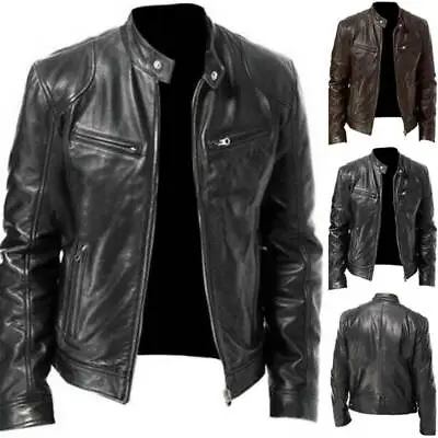 Buy Men's Faux Leather Zip Up Biker Motorcycle Jacket Stand Collar Coat Outwear Tops • 33.59£