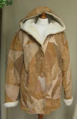 Buy PATCHWORK LEATHER Jacket 18 16 Boho Hood Parka Fur VINTAGE HIPPY Pigskin Size L • 38£