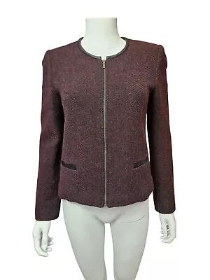 Buy Jigsaw Burgundy Black Wool Mohair Real Leather Trim Zip Jacket Size 10 • 16.95£