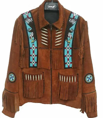 Buy Men/Women-Western Suede Leather Wear Cowboy Fringe Native American Beads Jacket • 139.99£