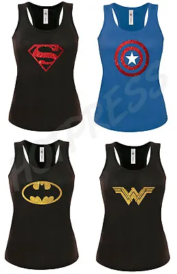 Buy  Womens Glitter T Shirt WW Batman Barbie Superman Captain America Vest Tank Top  • 11.94£