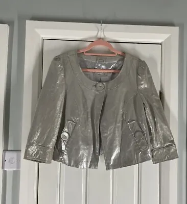 Buy Genuine Leather Short Jacket Women’s UK 12 Silver Evening Collarless Party 60’s • 39.99£
