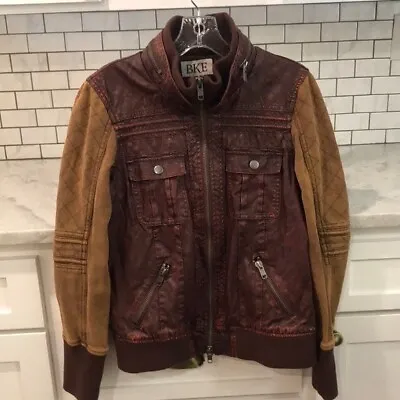 Buy BKE Moto Jacket Womens Medium Two Tone Brown Burgundy Festival Vegan Leather • 16.38£