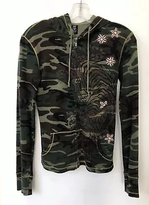 Buy Vintage Lucky Brand Hoodie Womens XS Embroidered Asian Tiger Camouflage • 72.32£