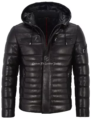 Buy Mens Leather Jacket Puffer Hooded 100% Lambskin Fully Quilted Hoodie Jacket 2006 • 219.54£