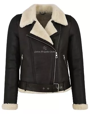 Buy Women's Shearling Sheepskin Jacket 100% Genuine Brown White Fur B3 Bomber Jacket • 259.45£