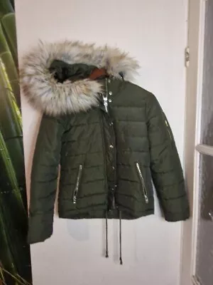 Buy Topshop Puffer Coat 8 Green Hooded Removable Faux Fur Zip Up Padded Womens • 18.99£
