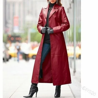 Buy Womens Single Breasted Jacket Faux Leather Lapel Collar Long Outwear Slim Coat • 39.59£