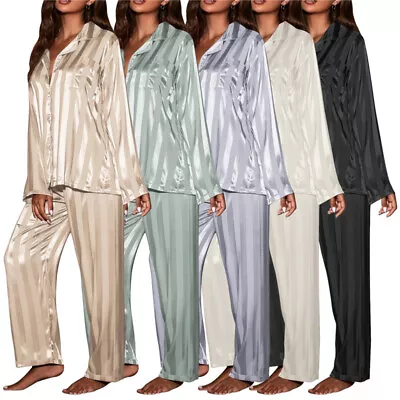 Buy Womens Ladies Plain Silky Satin Pyjamas Silk Pjs Sleepwear❤Long Sleeve Nightwear • 11.98£