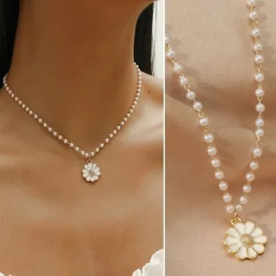 Buy Daisy Flower Pendant Pearl Necklace Choker Chain Women Wedding Fashion Jewelry  • 2.95£