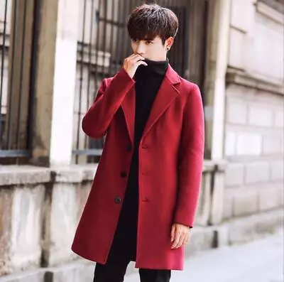 Buy New Men's Woolen Jacket Three Button Trench Coats Spring/ Fall Slim Long Jacket • 27.48£