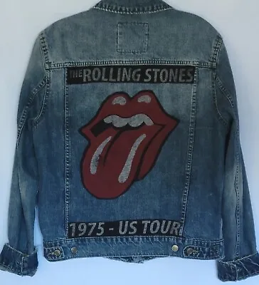 Buy Denim Jacket Womens Size Medium Rolling Stones Logo 1975 US Tour Distressed OOAK • 94.74£