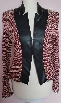 Buy Zara Trafaluc Ladies Red Black Bouclé Faux Leather Trim Jacket With Zip Detail S • 22.95£