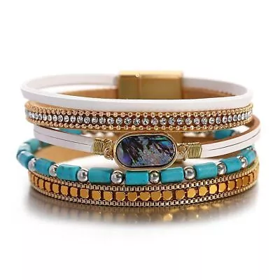 Buy Charm Oval Abalone Shell Beads Bracelet Blue Stones Chain Wrap Leather Jewelry • 6.68£
