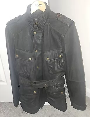 Buy Pretty Green - Mens Leather Military Style Jacket - Nearly New - Belted Brown • 65£