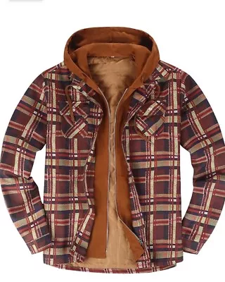 Buy Plaid Flannel Shirt Hoodie Mens Soft Sherpa Lined Fuzzy Fleece Zip-Up 4 Pocket B • 49.99£
