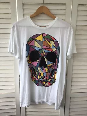 Buy HEY REILLY Skull White T-Shirt Top Colourful Abstract Front Back Size L Cotton • 29.99£