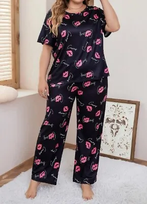 Buy Pyjama Set Plus 22 24 26 Black Pink Lips Stretch Loungewear Lightweight Curve • 11.90£