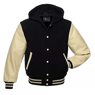 Buy Black Wool Cream Real Leather Arms Varsity Letterman College Hooded Jacket • 83£
