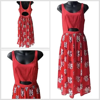 Buy Abercrombie & Fitch Floral Red Sleeveless Peek A Boo Detail Midi Dress Women’s M • 27.28£