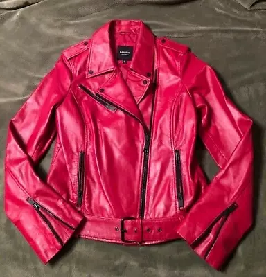 Buy Barney's Originals Red Leather Moto Zip Up Jacket Women's Size US 10 • 70.87£