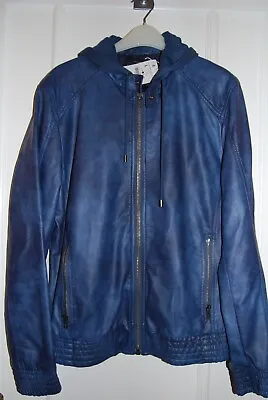 Buy Mens ZARA Faux Leather Jacket, Coat, In Blue, Hooded, Size S-M Slim, NWT • 30£