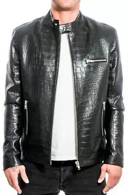 Buy Men's Leather Jacket 100% Black Crocodile Leather Biker Jacket NFS-913 • 95.48£