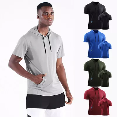 Buy Summer Mens Hoodie Fitness Tee Sportswear Tops Short Sleeve Hooded Sport T Shirt • 8.12£
