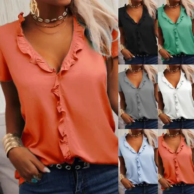 Buy Womens Short Sleeve Ruffle V Neck T Shirt Ladies Casual Loose Plain Tops Blouse • 9.99£