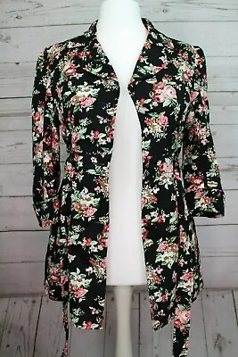 Buy ~~atmosphere Black Floral Print Cotton Jacket Coat 3/4 Sleeve • 9.99£