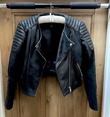 Buy H&M Black Distressed Real Leather BikerJacket Size Eu34 6/8 • 40£